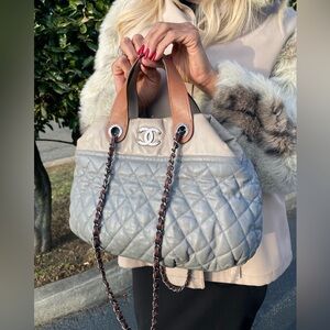 CHANEL Gray and Tan Quilted Shoulder Bag